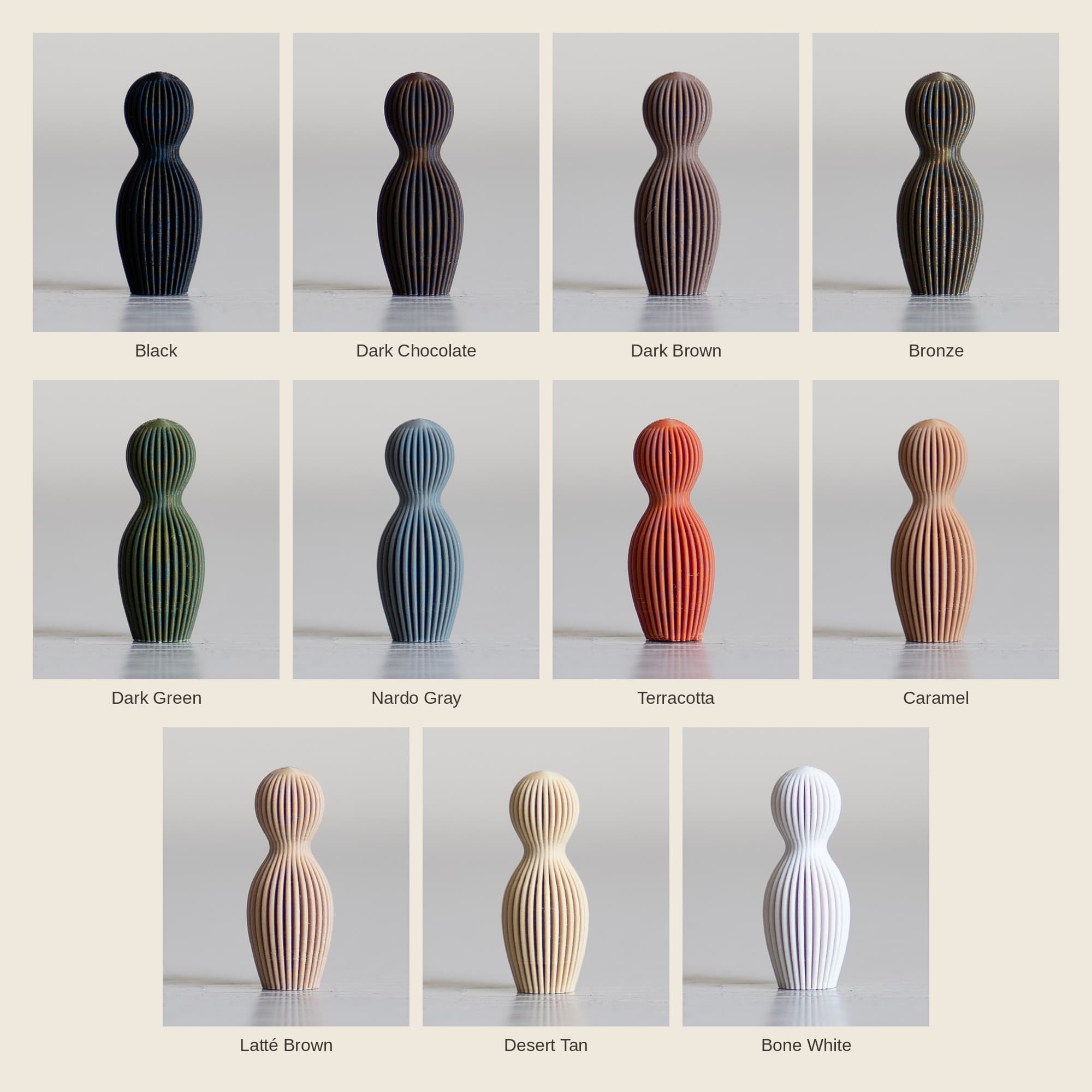 Elf kleurstalen naast elkaar, elk hetzelfde geribbelde printje: Black, Dark Chocolate, Dark Brown, Bronze, Dark Green, Nardo Gray, Terracotta, Caramel, Latte Brown, Desert Tan en Bone White.